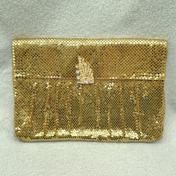 Whiting & Davis Handbags - Mesh Purse Clutch Bag Gold Tone Art Deco Rhinestone Clip Vtg Whiting and Davis